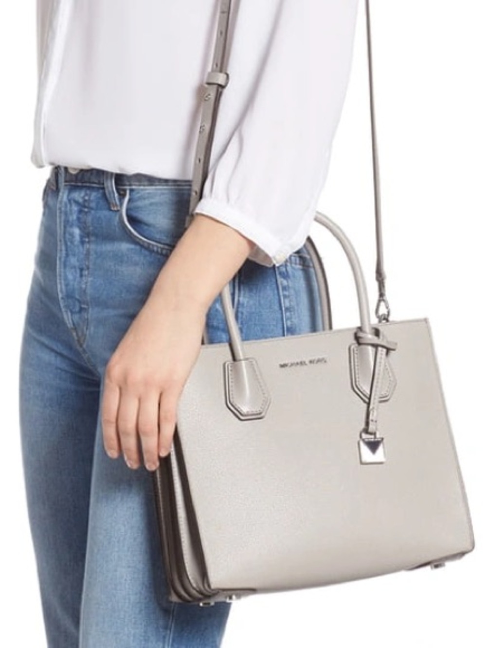 Michael Kors Mercer Medium Messenger Bag Grey Pebble Leather Satchel Crossbody